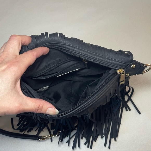 Cato Black Fringe Crossbody Bag Boho Tassel Faux Leather Festival - Picture 5 of 10